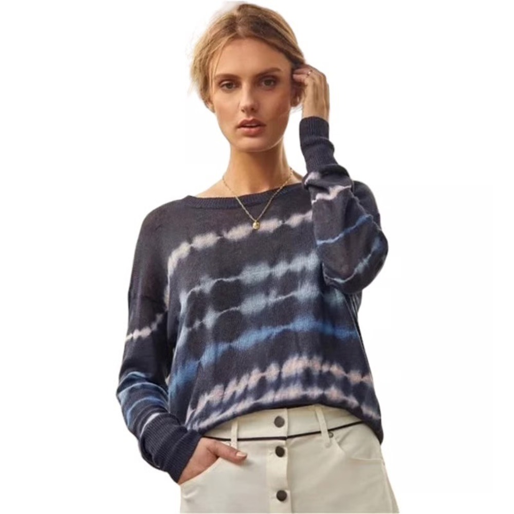 White + Warren 100% Linen Blue Striped‎ Tie Dye Sweater Knit Top Size
 M